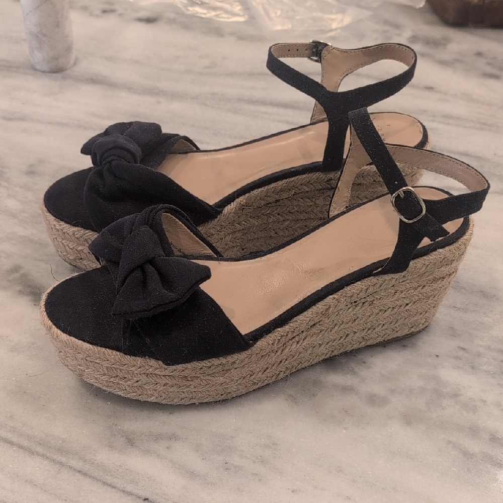 a new day Black Bow Espadrille Wedge Sandals
